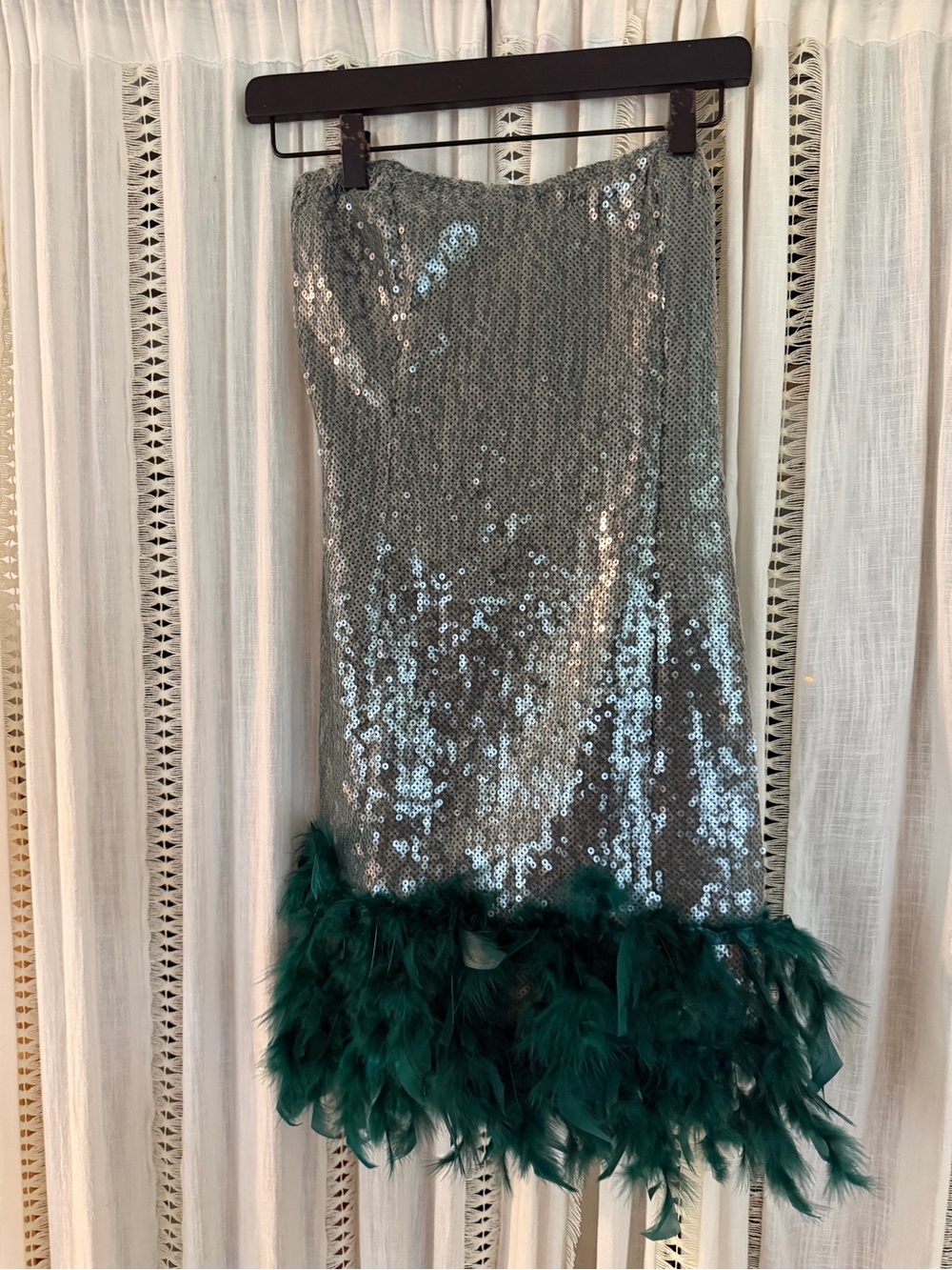 Lulu's Silver Sequin Strapless Dress with Emerald Feather Hem
